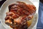 Carne de porc, fumat, jambon (sunca), feliat, cu os, carne si grasime, incalzit, prajit la cuptor
