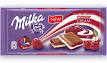Ciocolata cu lapte din Alpi umpluta cu crema 30% de lapte cu aroma de visine si jeleu 20% cu visine, Milka